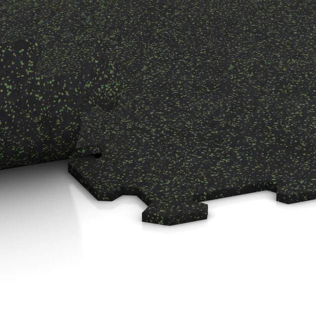 Großaufnahme vom Verbindungssystem von WARCO-Boden 1058 - Fitness Floor Compact im Farbdesign Light Green Speckled. Abmessungen 970 x 970 x 8 mm | 0,94 m.