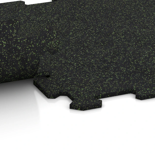 Großaufnahme vom Verbindungssystem von WARCO-Boden 0921 - Fitness Floor Compact im Farbdesign Light Green Speckled. Abmessungen 485 x 485 x 8 mm | 0,235 m².