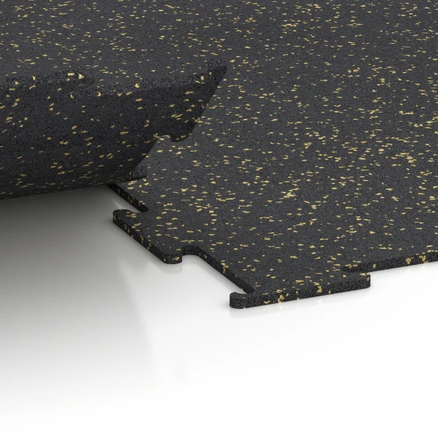 Großaufnahme vom Verbindungssystem von WARCO-Boden 6454 - Fitness Floor Compact im Farbdesign Light Yellow Speckled. Abmessungen 100 × 100 × 0,8 cm.