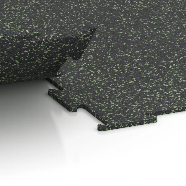 Großaufnahme vom Verbindungssystem von WARCO-Boden 6459 - Fitness Floor Compact im Farbdesign Light Green Speckled. Abmessungen 50 × 50 × 0,8 cm.