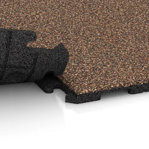 Großaufnahme vom Verbindungssystem von WARCO-Boden 1575 - Playground flooring im Farbdesign Bark & Bast. Abmessungen 1000 x 1000 x 30 mm.