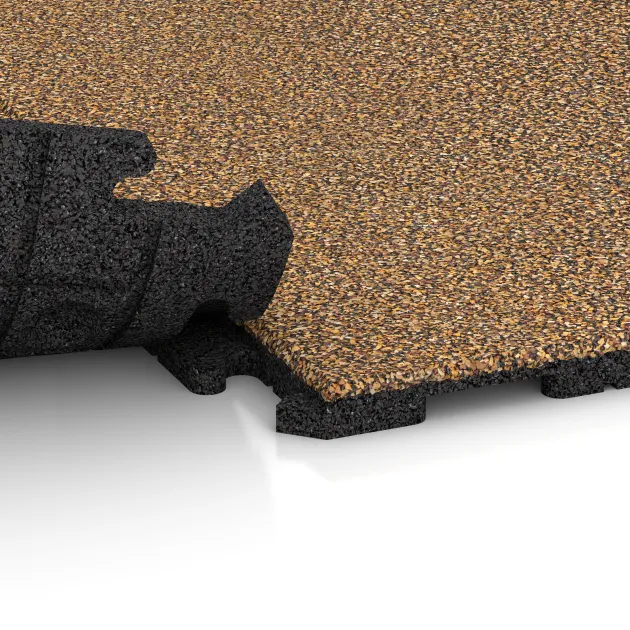 Großaufnahme vom Verbindungssystem von WARCO-Boden 1583 - Playground flooring im Farbdesign Rattan Lounge. Abmessungen 1000 x 1000 x 30 mm.