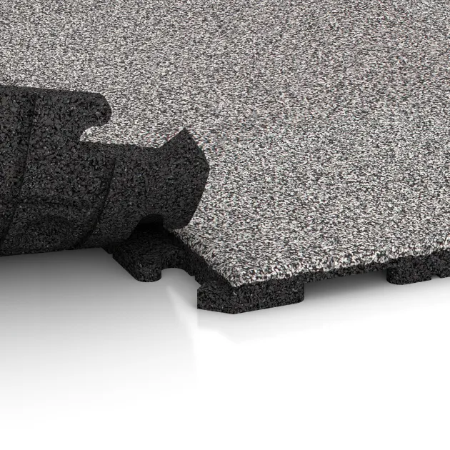 Großaufnahme vom Verbindungssystem von WARCO-Boden 4636 - Playground flooring im Farbdesign Grey Melange. Abmessungen 1000 x 1000 x 30 mm.