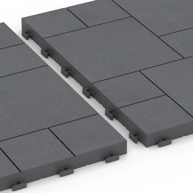 Großaufnahme vom Verbindungssystem von WARCO-Boden 6330 - Block Pattern – Deck Tile im Farbdesign Silver Grey. Abmessungen 38,5 x 38,5 x 2 cm.