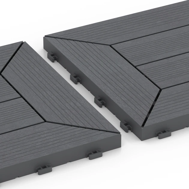 Großaufnahme vom Verbindungssystem von WARCO-Boden 6348 - Cassette Pattern – Deck Tile im Farbdesign Silver Grey. Abmessungen 30 x 30 x 2 cm.