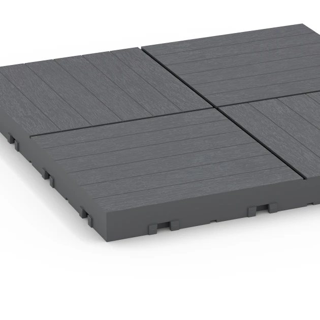 Großaufnahme vom Verbindungssystem von WARCO-Boden 6349 - Mosaic – Deck Tile im Farbdesign Silver Grey. Abmessungen 30 x 30 x 2 cm.