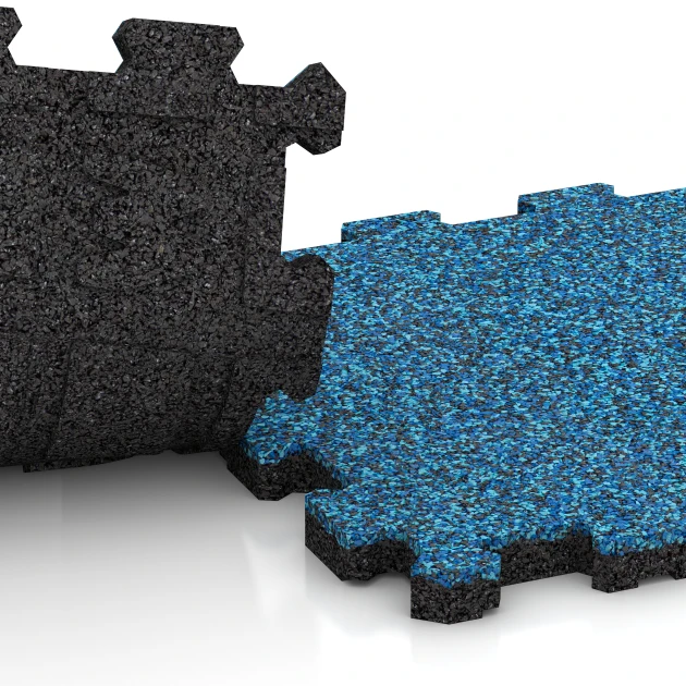 Großaufnahme vom Verbindungssystem von WARCO-Boden 3726 - Fitness Mat Premium 2 cm im Farbdesign Atlantic. Abmessungen 30,6 x 30,6 x 2 cm | 0,094 m².