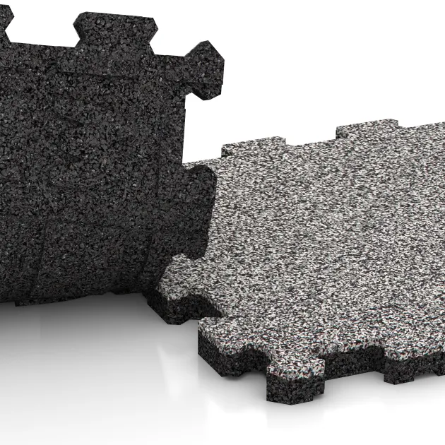 Großaufnahme vom Verbindungssystem von WARCO-Boden 4452 - Rubber click tile im Farbdesign Grey Melange. Abmessungen 306 x 306 x 20 mm.