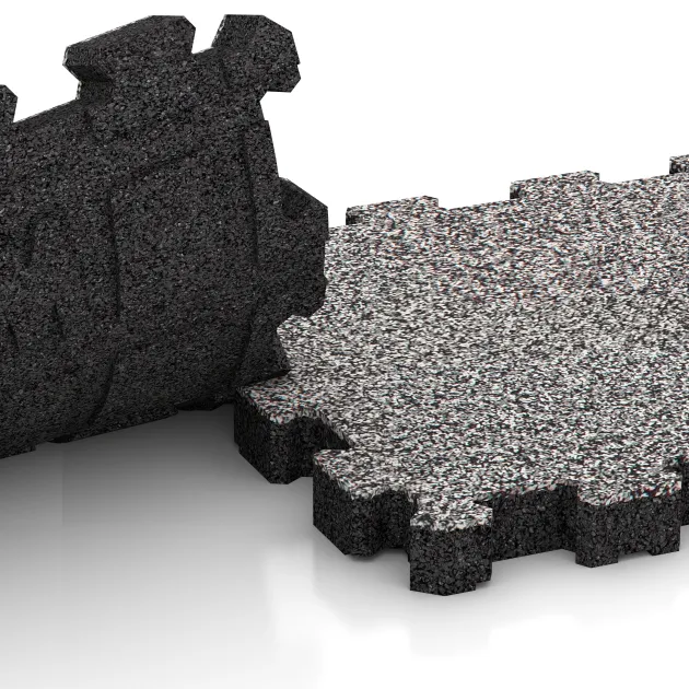 Großaufnahme vom Verbindungssystem von WARCO-Boden 4455 - Seamless sports flooring im Farbdesign Grey Melange. Abmessungen 306 x 306 x 30 mm.