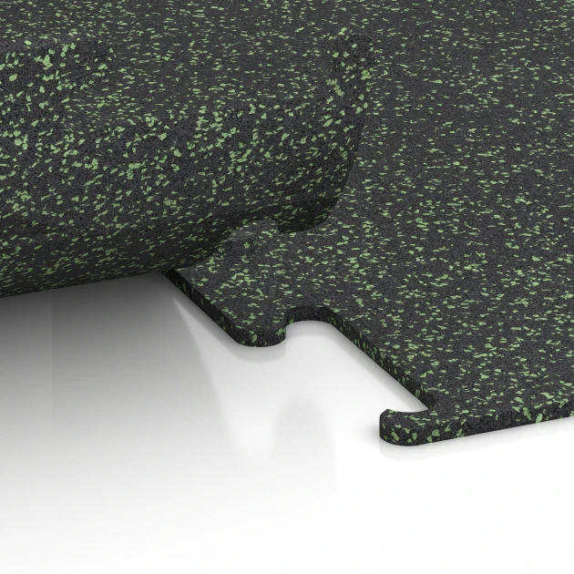 Großaufnahme vom Verbindungssystem von WARCO-Boden 3755 - Fitness Performance Elite Training Floor im Farbdesign Light Green Speckled. Abmessungen 100 x 100 x 1 cm.