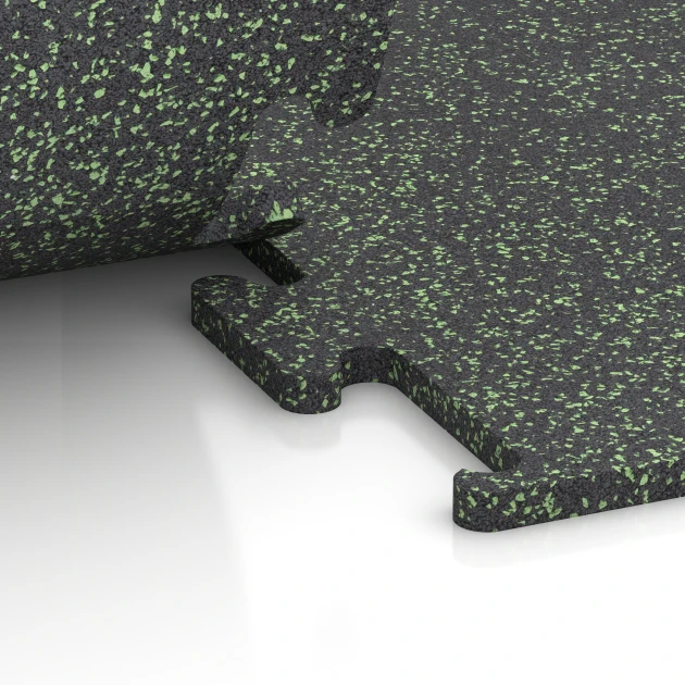 Großaufnahme vom Verbindungssystem von WARCO-Boden 6979 - Fitness Performance Elite Training Floor im Farbdesign Light Green Speckled. Abmessungen 100 x 100 x 2 cm | 1,00 m².