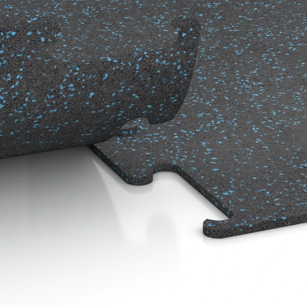 Großaufnahme vom Verbindungssystem von WARCO-Boden 3766 - Fitness Performance Elite Training Floor im Farbdesign Light Blue Speckled. Abmessungen 50 x 50 x 1 cm | 0,25 m².