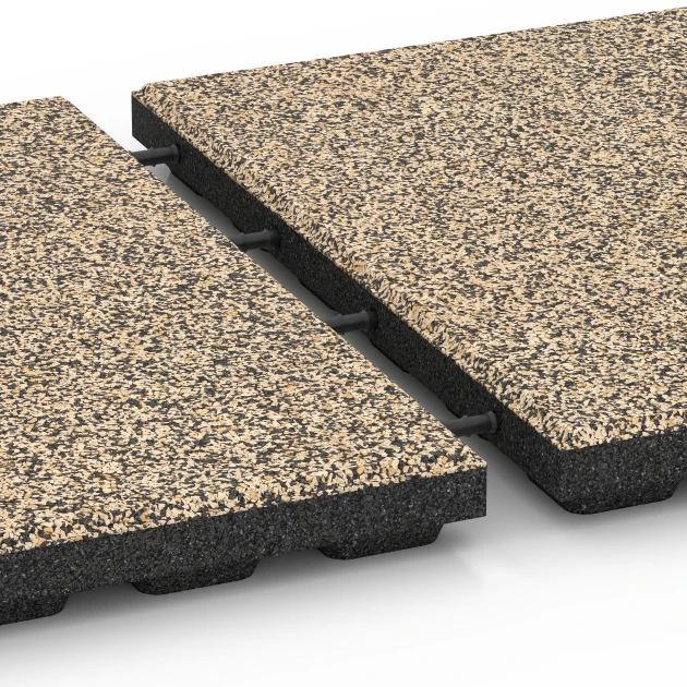 Großaufnahme vom Verbindungssystem von WARCO-Boden 6428 - Playground safety tile – CFH 120 cm im Farbdesign Travertine. Abmessungen 50 x 50 x 4 cm.