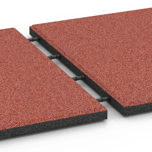 Großaufnahme vom Verbindungssystem von WARCO-Boden 6288 - Playground Safety Tiles im Farbdesign Tomato red. Abmessungen 50 x 50 x 3 cm.