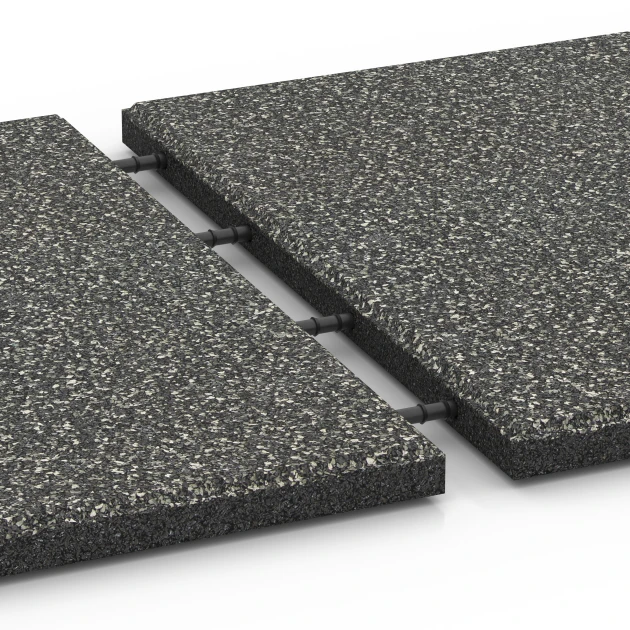 Großaufnahme vom Verbindungssystem von WARCO-Boden 6413 - EPDM Playground Safety Tile – 90 cm im Farbdesign Dark grey granite. Abmessungen 50 x 50 x 3 cm | 0,25 m².