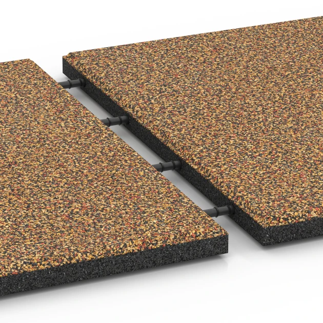 Großaufnahme vom Verbindungssystem von WARCO-Boden 6416 - Playground safety tile – CFH 90 cm im Farbdesign Terracotta. Abmessungen 50 x 50 x 3 cm | 0,25 m².