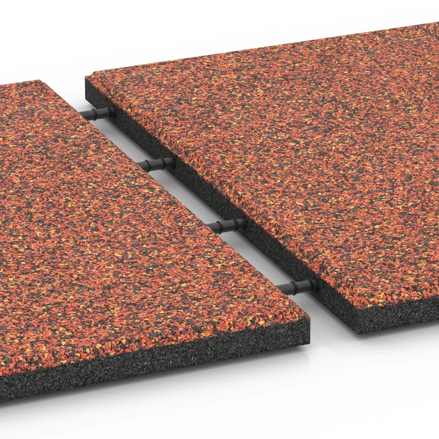 Großaufnahme vom Verbindungssystem von WARCO-Boden 6417 - Playground safety tile – CFH 90 cm im Farbdesign Embers. Abmessungen 50 x 50 x 3 cm | 0,25 m².
