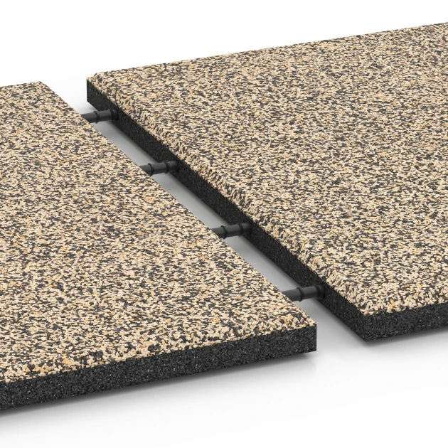 Großaufnahme vom Verbindungssystem von WARCO-Boden 6419 - Playground safety tile – CFH 90 cm im Farbdesign Travertine. Abmessungen 50 x 50 x 3 cm | 0,25 m².
