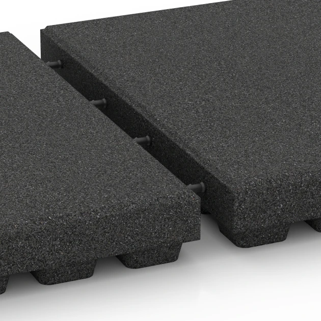 Großaufnahme vom Verbindungssystem von WARCO-Boden 6295 - Playground Safety Tiles im Farbdesign Anthracite. Abmessungen 50 x 50 x 7 cm.