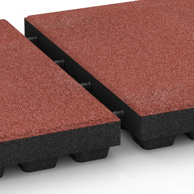 Großaufnahme vom Verbindungssystem von WARCO-Boden 6296 - Playground Safety Tiles im Farbdesign Tomato red. Abmessungen 50 x 50 x 7 cm.