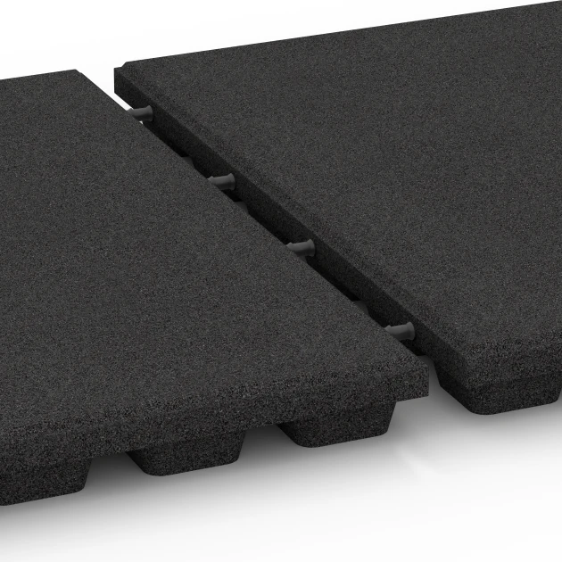 Großaufnahme vom Verbindungssystem von WARCO-Boden 6291 - Playground Safety Tiles im Farbdesign Anthracite. Abmessungen 50 x 50 x 4,8 cm.
