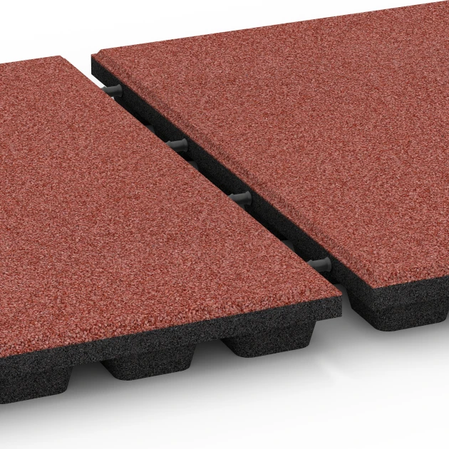 Großaufnahme vom Verbindungssystem von WARCO-Boden 6136 - Playground safety tile – CFH 170 cm im Farbdesign Tomato red. Abmessungen 50 x 50 x 4,8 cm.