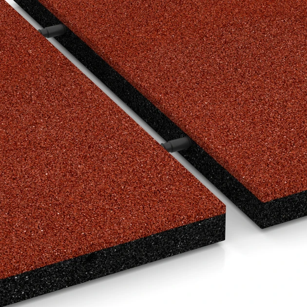 Großaufnahme vom Verbindungssystem von WARCO-Boden 6194 - Playground Safety Tiles im Farbdesign Brick red. Abmessungen 50 x 50 x 4 cm.