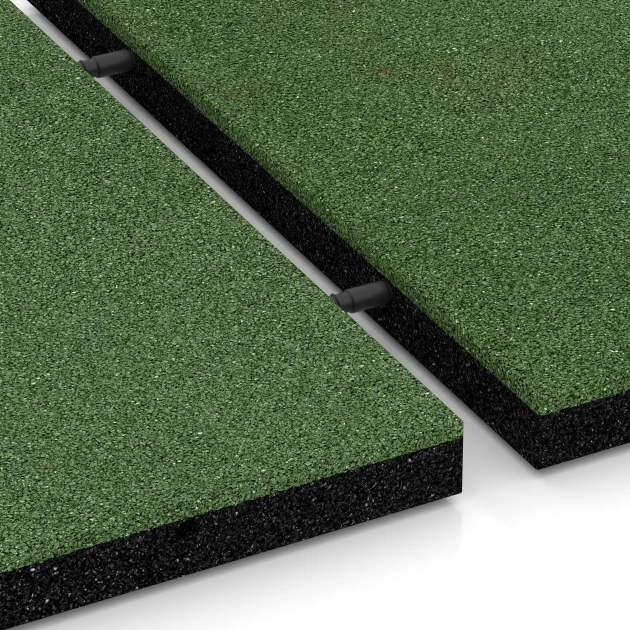Großaufnahme vom Verbindungssystem von WARCO-Boden 6195 - Playground Safety Tiles im Farbdesign Grass green. Abmessungen 50 x 50 x 4 cm.