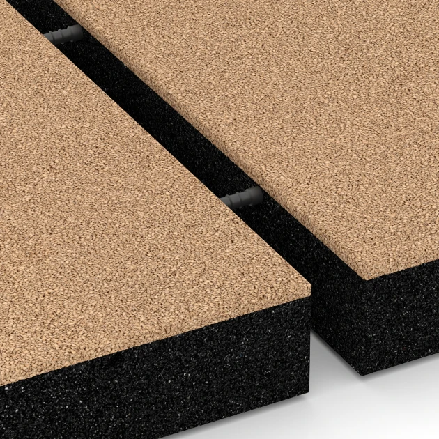 Großaufnahme vom Verbindungssystem von WARCO-Boden 6234 - Playground Safety Tiles im Farbdesign Sand beige. Abmessungen 50 x 50 x 8 cm.
