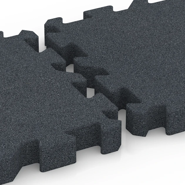 Großaufnahme vom Verbindungssystem von WARCO-Boden 6408 - Playground Safety Tile – 220 cm im Farbdesign Slate grey. Abmessungen 50 x 50 x 6 cm | 0,25 m².