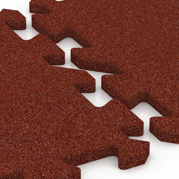 Großaufnahme vom Verbindungssystem von WARCO-Boden 6313 - Interlocking playground safety tile im Farbdesign Brick red. Abmessungen 50 x 50 x 2 cm | 0,25 m².