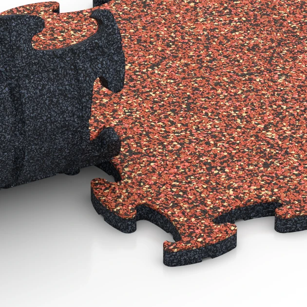 Großaufnahme vom Verbindungssystem von WARCO-Boden 6782 - Gym Floor Tiles im Farbdesign Embers. Abmessungen 44,6 x 44,6 x 1,8 cm.