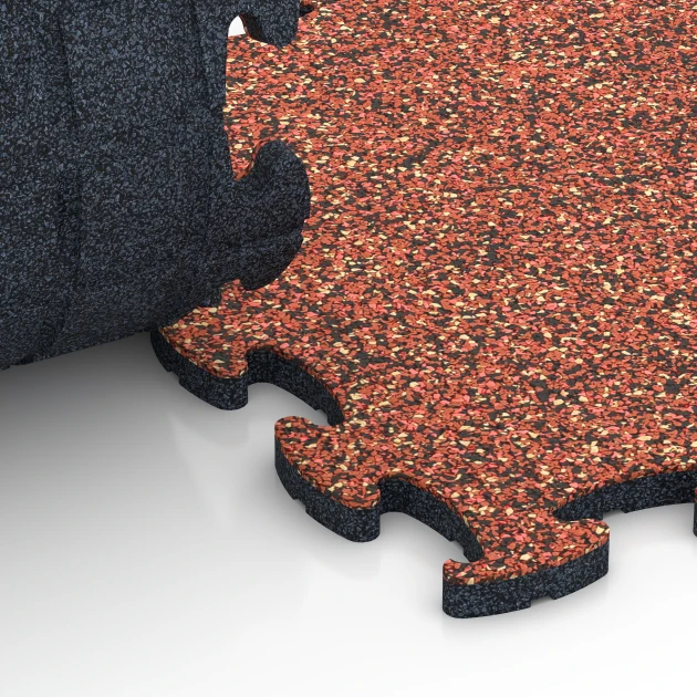 Großaufnahme vom Verbindungssystem von WARCO-Boden 6800 - Dog Agility Flooring im Farbdesign Embers. Abmessungen 44,6 x 44,6 x 1,8 cm.