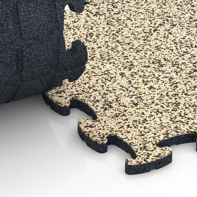 Großaufnahme vom Verbindungssystem von WARCO-Boden 6802 - Dog Agility Flooring im Farbdesign Travertine. Abmessungen 44,6 x 44,6 x 1,8 cm.