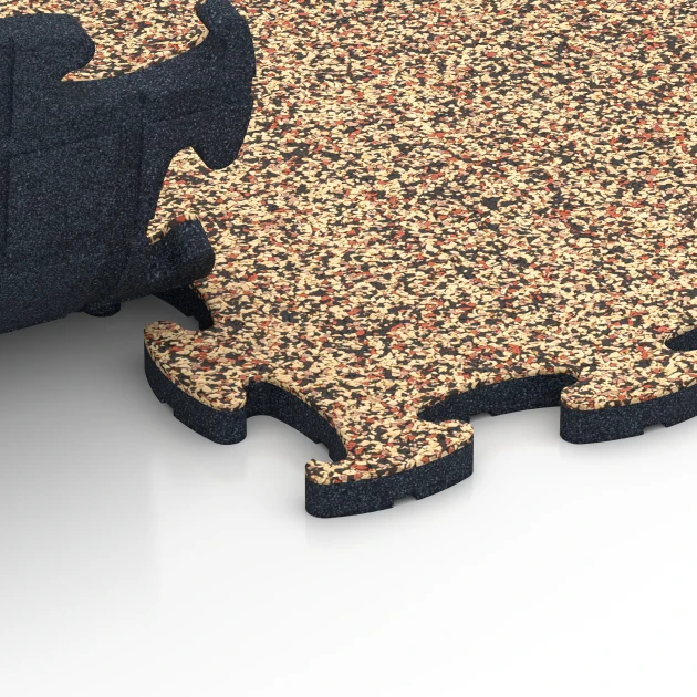 Großaufnahme vom Verbindungssystem von WARCO-Boden 6862 - Fitness Max Floor System im Farbdesign Terracotta. Abmessungen 44,6 x 44,6 x 1,8 cm.