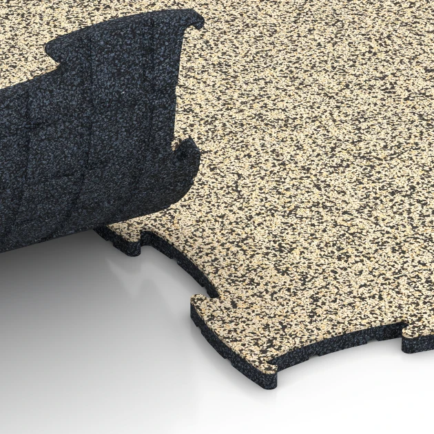 Großaufnahme vom Verbindungssystem von WARCO-Boden 6838 - Fitness Active Floor System im Farbdesign Travertine. Abmessungen 97,1 x 97,1 × 1,8 cm.