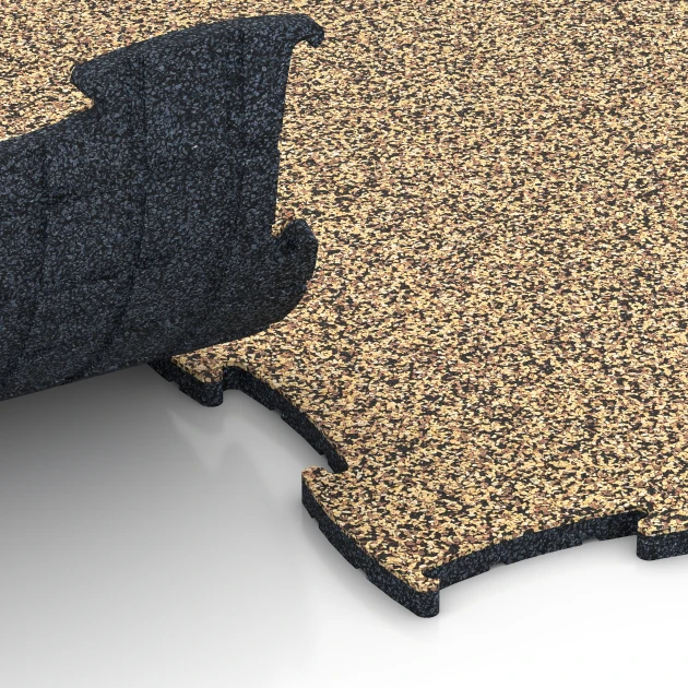 Großaufnahme vom Verbindungssystem von WARCO-Boden 6840 - Fitness Active Floor System im Farbdesign Rattan. Abmessungen 97,1 x 97,1 × 1,8 cm.