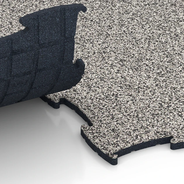 Großaufnahme vom Verbindungssystem von WARCO-Boden 6869 - Fitness Max Floor System im Farbdesign Grey Granite. Abmessungen 97,1 x 97,1 × 1,8 cm.