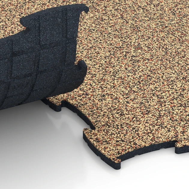 Großaufnahme vom Verbindungssystem von WARCO-Boden 6925 - Exhibition Click Floor Tile im Farbdesign Terracotta. Abmessungen 97,1 x 97,1 × 1,8 cm.