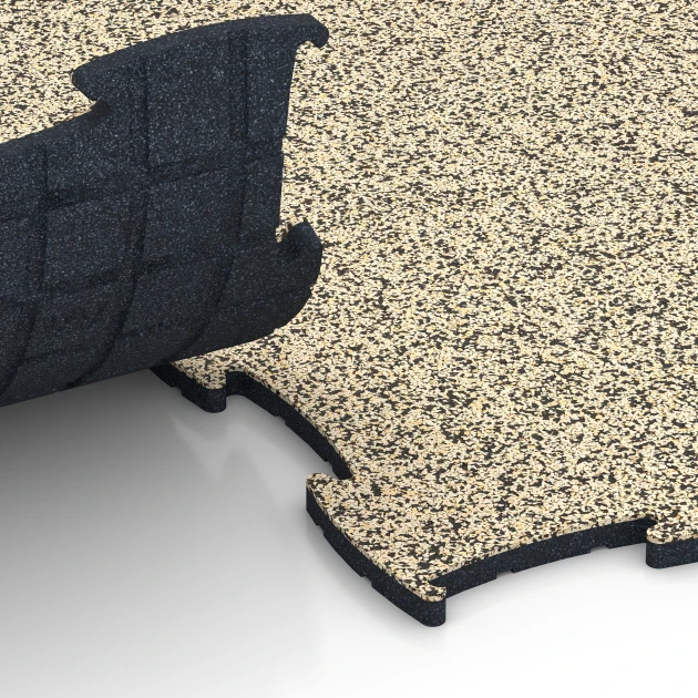 Großaufnahme vom Verbindungssystem von WARCO-Boden 6874 - Fitness Max Floor System im Farbdesign Travertine. Abmessungen 97,1 x 97,1 × 1,8 cm.