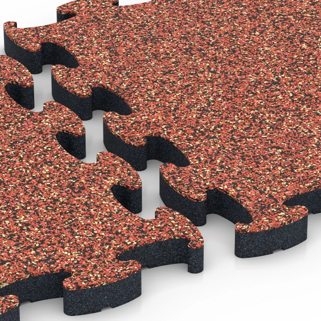 Großaufnahme vom Verbindungssystem von WARCO-Boden 6881 - Fitness Max Floor System im Farbdesign Embers. Abmessungen 44,6 x 44,6 × 2,8 cm.