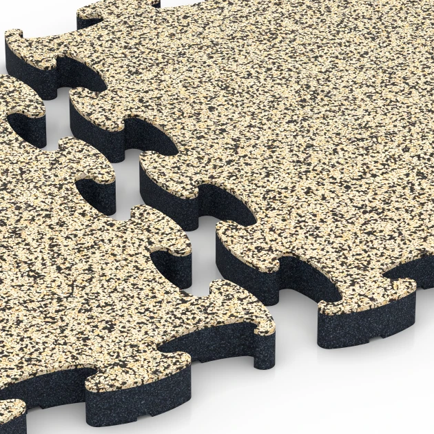 Großaufnahme vom Verbindungssystem von WARCO-Boden 6883 - Fitness Max Floor System im Farbdesign Travertine. Abmessungen 44,6 x 44,6 × 2,8 cm.
