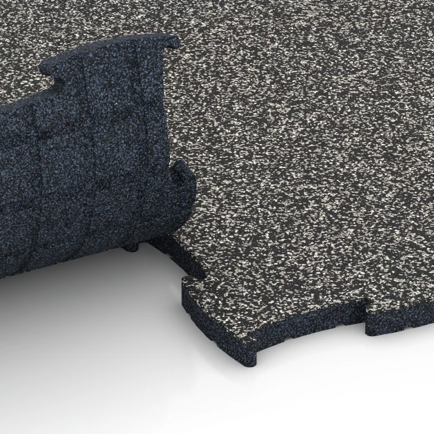 Großaufnahme vom Verbindungssystem von WARCO-Boden 6850 - Fitness Active Floor System im Farbdesign Dark Grey Granite. Abmessungen 97,1 x 97,1 x 2,8 cm.