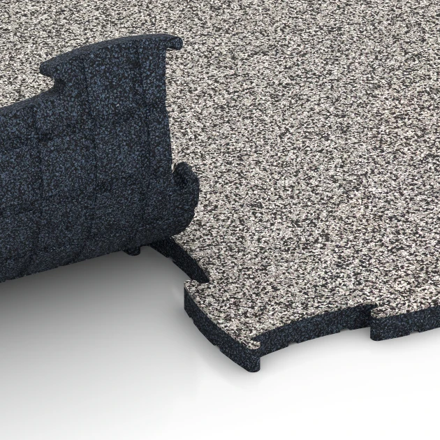 Großaufnahme vom Verbindungssystem von WARCO-Boden 6851 - Fitness Active Floor System im Farbdesign Grey Granite. Abmessungen 97,1 x 97,1 x 2,8 cm.