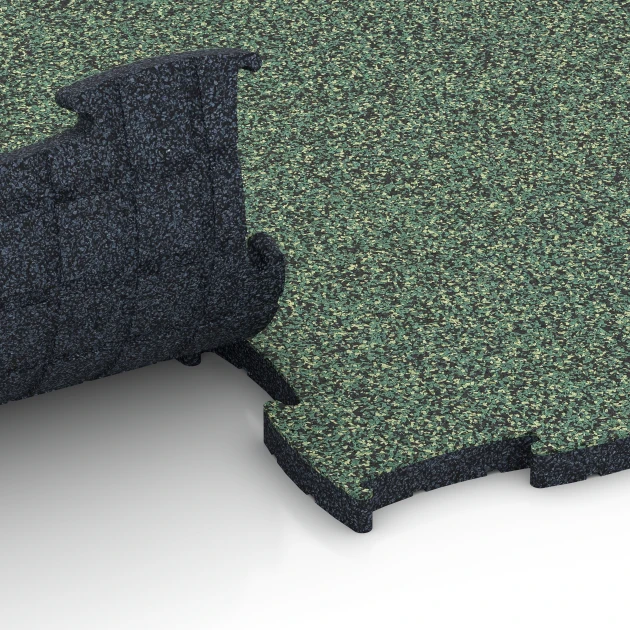 Großaufnahme vom Verbindungssystem von WARCO-Boden 6852 - Fitness Active Floor System im Farbdesign English Lawn. Abmessungen 97,1 x 97,1 x 2,8 cm.