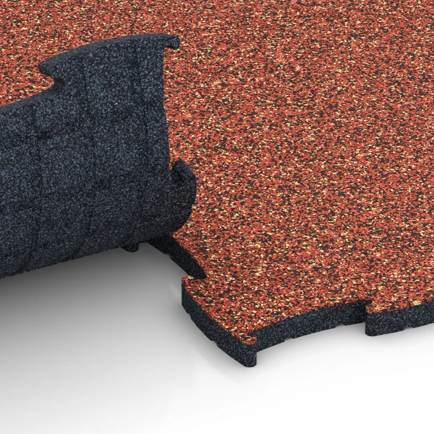 Großaufnahme vom Verbindungssystem von WARCO-Boden 6854 - Fitness Active Floor System im Farbdesign Embers. Abmessungen 97,1 x 97,1 x 2,8 cm.