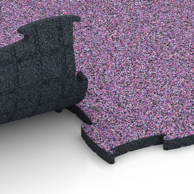 Großaufnahme vom Verbindungssystem von WARCO-Boden 6855 - Fitness Active Floor System im Farbdesign Lavender. Abmessungen 97,1 x 97,1 x 2,8 cm.