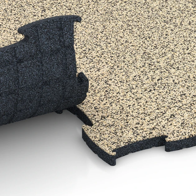 Großaufnahme vom Verbindungssystem von WARCO-Boden 6856 - Fitness Active Floor System im Farbdesign Travertine. Abmessungen 97,1 x 97,1 x 2,8 cm.