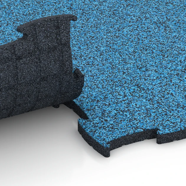 Großaufnahme vom Verbindungssystem von WARCO-Boden 6857 - Fitness Active Floor System im Farbdesign Atlantic. Abmessungen 97,1 x 97,1 x 2,8 cm.