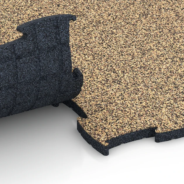 Großaufnahme vom Verbindungssystem von WARCO-Boden 6858 - Fitness Active Floor System im Farbdesign Rattan. Abmessungen 97,1 x 97,1 x 2,8 cm.